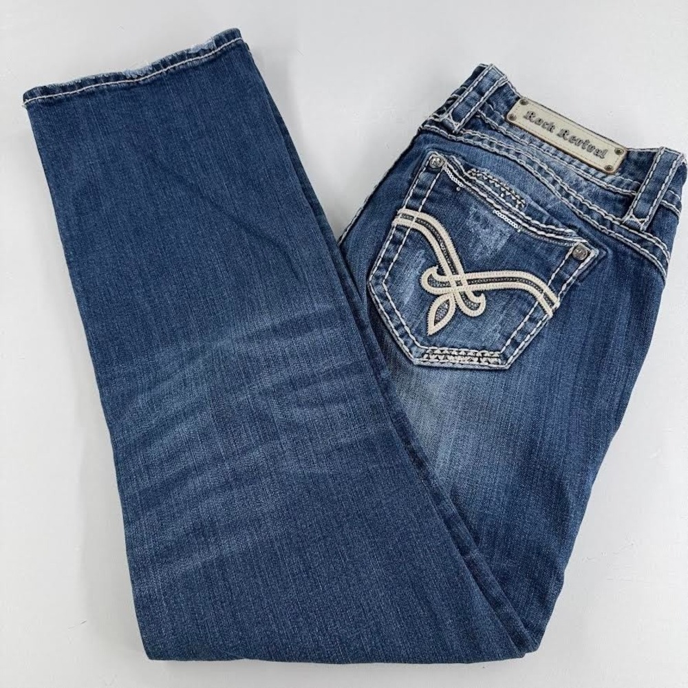 Rock Revival Becky Easy Capri Pants WOMENS Medium Wash Rhinestones‎ SIZE 30 x 27